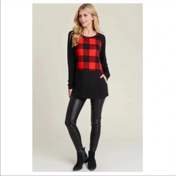 Buffalo Plaid Long Sleeve Top | Red Black Raglan Fall Winter Shirt - Picture 7 of 7